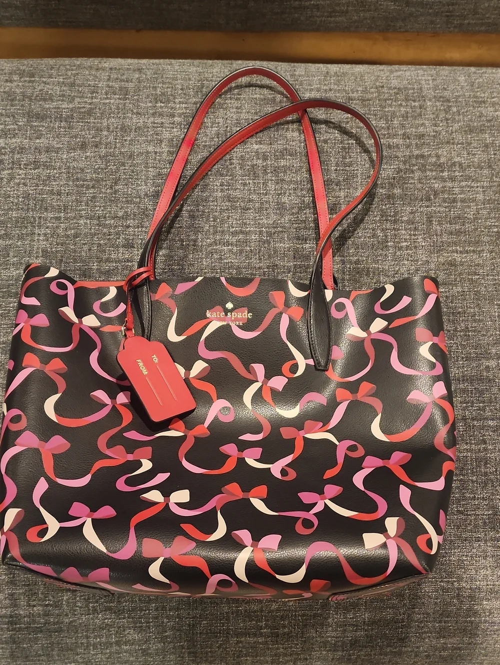 kate spade Black Tote with Pink and Red Ribbon-Print--Reversible To All Red